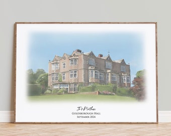 Goldsborough Hall Wedding Gift, wedding venue illustration, gift for wife, 1st anniversary gift