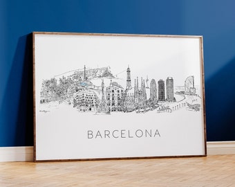 Konsttryck med Barcelonas silhuett och stadsbild