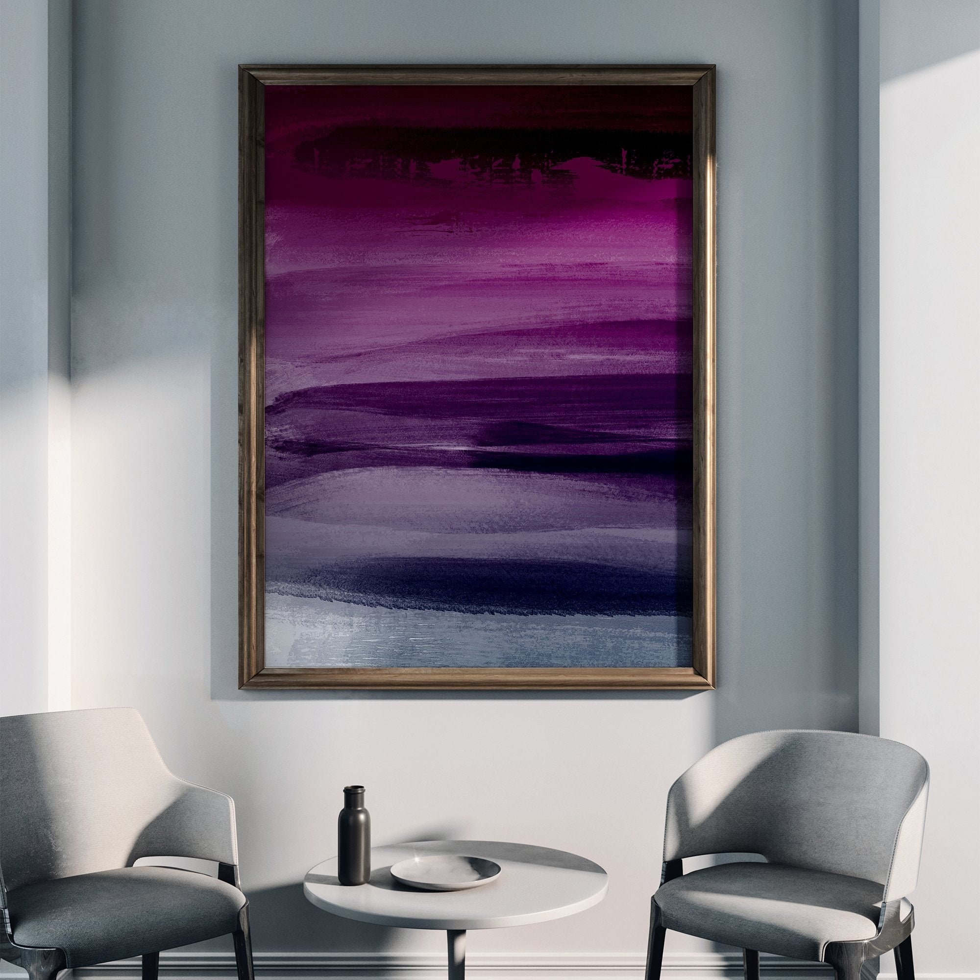 Modern Abstract art print in deep purple, dark navy and plum colours, for living room walls