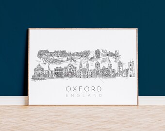Oxford Skyline, Oxford Cityscape Art Print, Oxford, Office Art, Travel Poster, City Wall Art, City Art, illustration, Oxford Art
