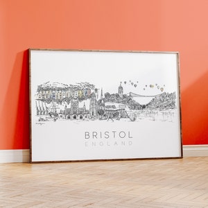 Bristol Skyline Kunstdruck, Bristol Stadtbild, handgezeichnete schwarz-weiße Illustration, Bristol UK Wall Art