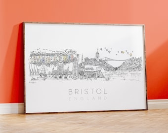 Bristol Skyline Art Print, Bristol Cityscape, hand-drawn black and white illustration, Bristol UK Wall Art