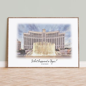 Retrato del lugar de la boda de Bellagio Las Vegas, impresión de arte personalizada y regalo de boda o aniversario