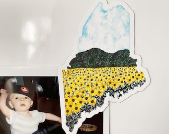 Sunflower Field Maine Die Cut Magnet // Maine Refrigerator Magnet // Watercolor State Art Magnet // Maine Gift // Car Magnet