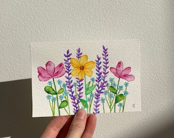 Original 4x6 Whimsical Yellow, Pink, and Purple Floral Watercolor Painting / Original Flower Artwork / Floral Decor / Garden Nursery Decor