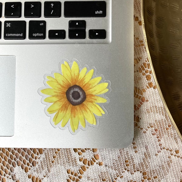 Clear Watercolor Sunflower Vinyl Waterproof Decal // Floral Laptop Sticker // Sunflower Bumper Sticker // Yellow Flower Water Bottle Decal