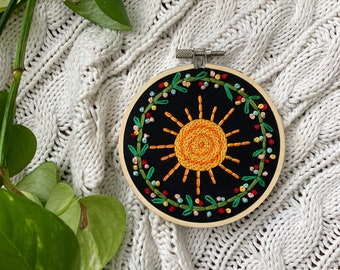 4 Inch Hand Embroidered Sun, Flowers, and Vines Hoop / Stitched Whimsical Sunshine Wall Art / Sunshine Nursery // Baby Shower Gift / Floral