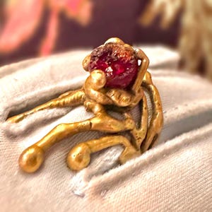 May include: A gold-colored ring featuring a large, irregularly shaped, red gemstone. The ring has an organic, abstract design with multiple curved arms extending from the band, creating a unique and artistic appearance. The gemstone is the focal point.