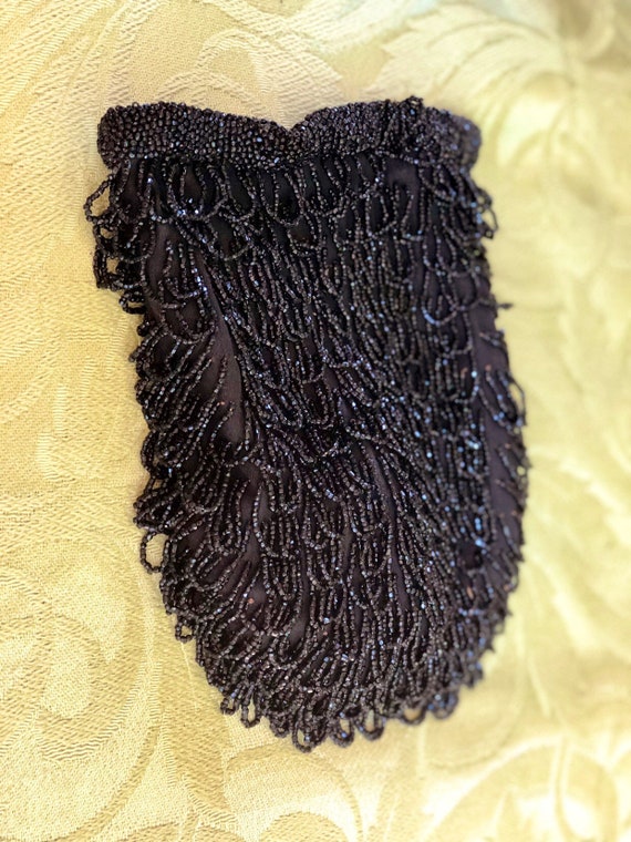 Antique Flapper Fringed Purse, Jet Black Beads - image 3