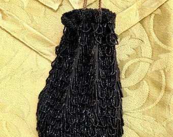 Antique Flapper Fringed Purse, Jet Black Beads