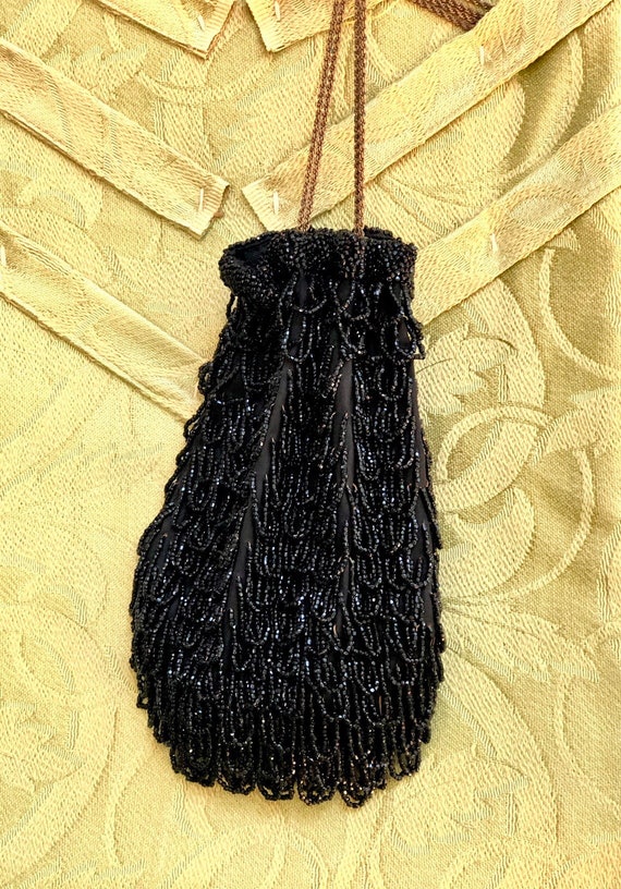 Antique Flapper Fringed Purse, Jet Black Beads