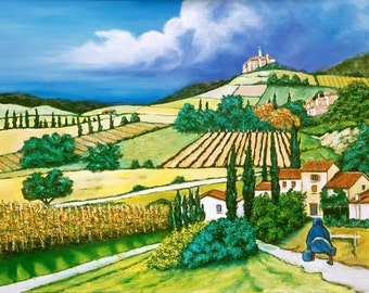 Tuscany art print, Tuscan Fields, museum art,  Mediterranean village, cottage chic, gift art, european village art, wine country, Home Decor