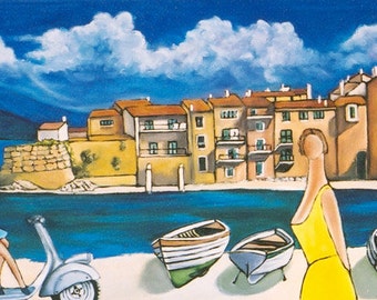 French seaport, Art Print, canvas print, Beach Scene, Mediterranean Art, Girl on Vespa motorbike, Village Life, Home Decor Wall Art, Antibes