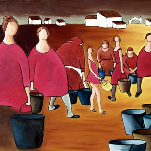 Canvas Print - Ladies in Red -  Art - Contemporary Art - Giclee - Mediterranean Art -Village Life - Home Decor, Fine Art, Modern Art