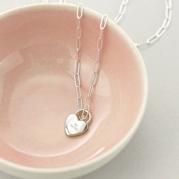 Mini Heart Lock Charm Necklace Sterling Silver, Personalized Message on Heart Necklace