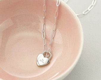 Mini Heart Lock Charm Necklace Sterling Silver, Personalized Message on Heart Necklace