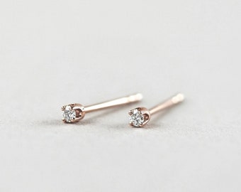 Dainty Tiny Diamond Earrings, 14k Rose Gold 1.5mm or 2mm Diamond Studs, Second Ear Piercings