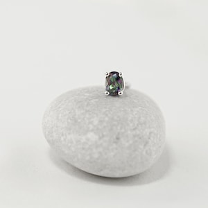 Mystic Topaz Stud Earring 14k White Gold, Oval-Cut Green Topaz Gemstone, Single Earring for Multiple Piercings