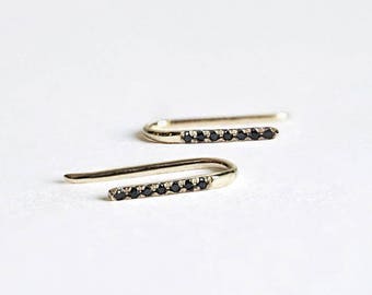 14k Gold Ear Climber with Black Diamond - Tiny Diamond Bar Earrings - Ear Pin - Leave in, Sleeper Earrings - Handmade to Hug the Earlobes