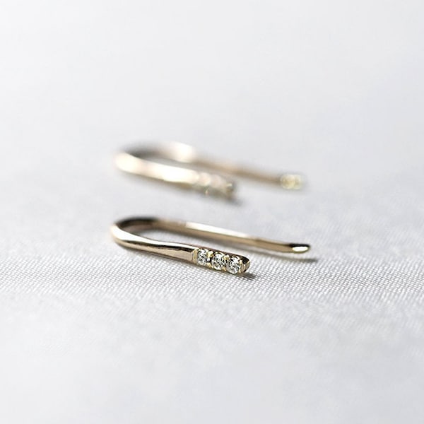 14k Gold Diamond Ear Climber, Handmade to Stay in Place and softly Hug the Earlobes, Best Earring to Sleep In, Earring for Sensitive Ears