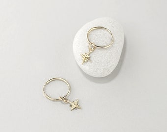 North Star Hoop Earrings 14k Gold, Endless Hoops 12mm, Gift For Her