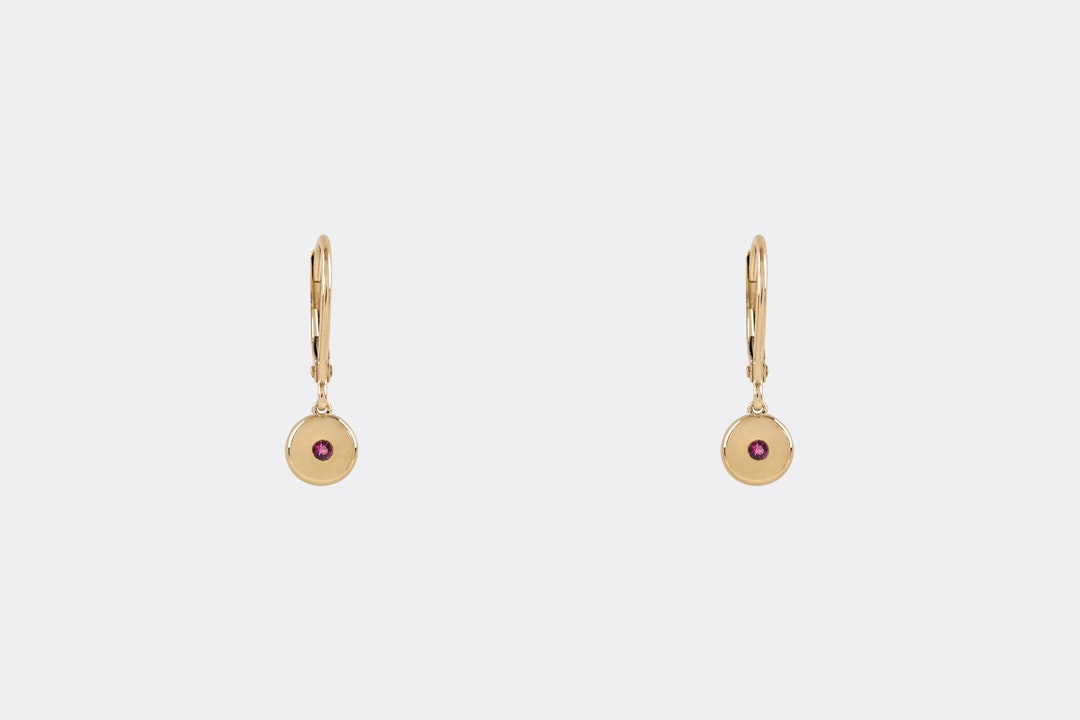 Ruby Gold Disk Drop Earrings in 14k Gold, Tiny Gold Disk Dangle ...