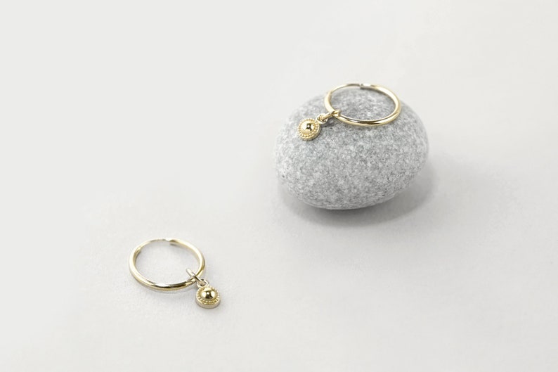 Clara Gold Hoop Earrings with Sunburst Charm, 14k Gold Endless Hoops 12mm image 1