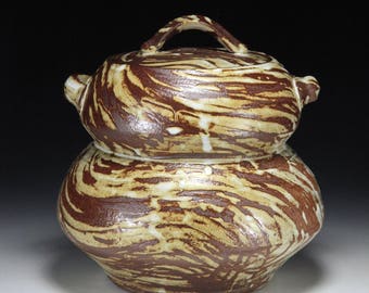 Mizusashi White Mishima Covered Jar on Chocolate Stoneware Wabi Sabi