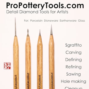May include: Four wooden handled diamond tipped tools for pottery. The tools are labeled with the website ProPotteryTools.com and the size of the tip. The tips are 1.5mm needle, 2mm tear, 1mm ball, and 1.5mm spike. The tools are used for sgraffito, carving, defining, refining, sawing, hole making, and cleanup.