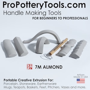 May include: Handle making tools for pottery, including various gray clay shapes and a wooden tool with a wire loop. The image includes the text "ProPotteryTools.com" and "7M ALMOND". The tools are for beginners to professionals.
