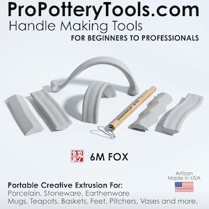 May include: A set of eight gray clay tools for making pottery handles. The tools are arranged on a white surface. The tools are labeled "6M FOX".