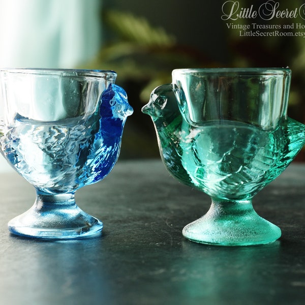 Set of 2 Egg Holder, Glass Cup for egg, Blue and Green Collectible French hen egg holder, chicken