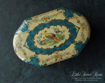 Boîte de conserve vintage avec oiseau faisan/ Récipient en métal shabby chic doré turquoise/ Ancienne boîte de chocolats belges avec clé