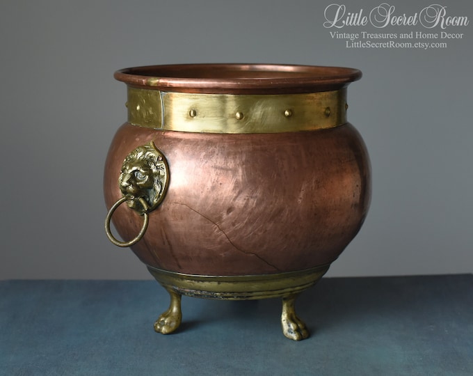 Vintage Copper Brass Coal Scuttle Bucket With Decorative Lion Handles