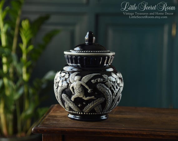 german tobacco jar Antique Beautiful Raised Figures Marked Germay made adorini hair hygrometer that always shows you the exact humidity inside the jar ## In addition Vintage Tobacco Jar Humidor German