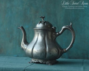 Antique Sheffield Pewter Teapot with Floral Lid, Art Nouveau Victorian Style, English Cottage Pewterware, Collectible Metal Teapot,