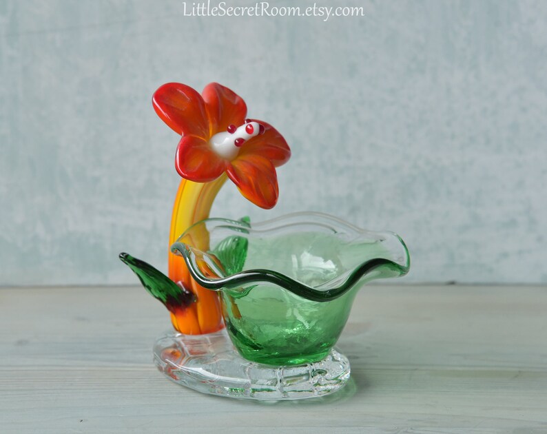 Vintage Glass Vase With Decorative Glass Flower Green Orange Etsy