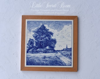 Vintage Delft Blue Tile in wood frame Wall, Hanging decor Dutch Countryside Landscape
