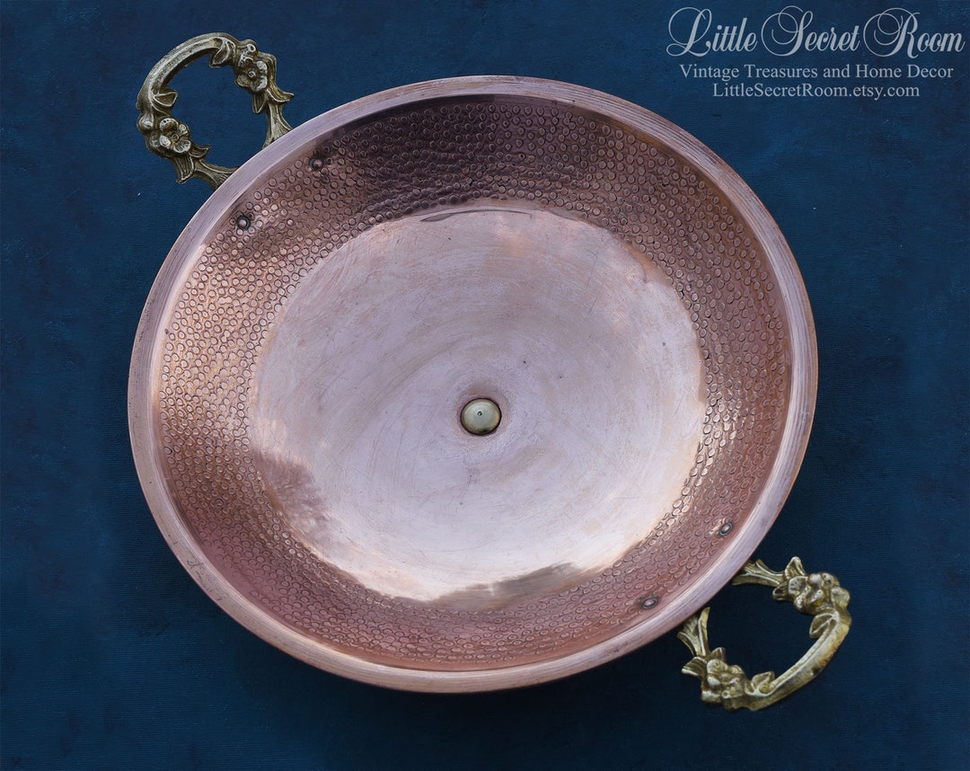 Antique Copper Bowl With Brass Handles, Large French Pedestal Footed