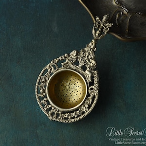 Antique Silver Plated - brass Tea Strainer Italy, Ornate Handle with Fantasy Face,Italian Tea Strainer, Victorian Style Tea Accessory