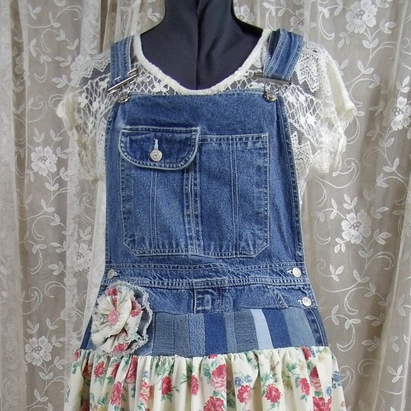 Upcycled Overalls from Recycled Denim and Vintage Bedsheets, Size S-M, Boho, Country