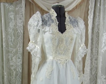 Vintage Victorian White Gown with Cathedral Train and Bustle, Size 2