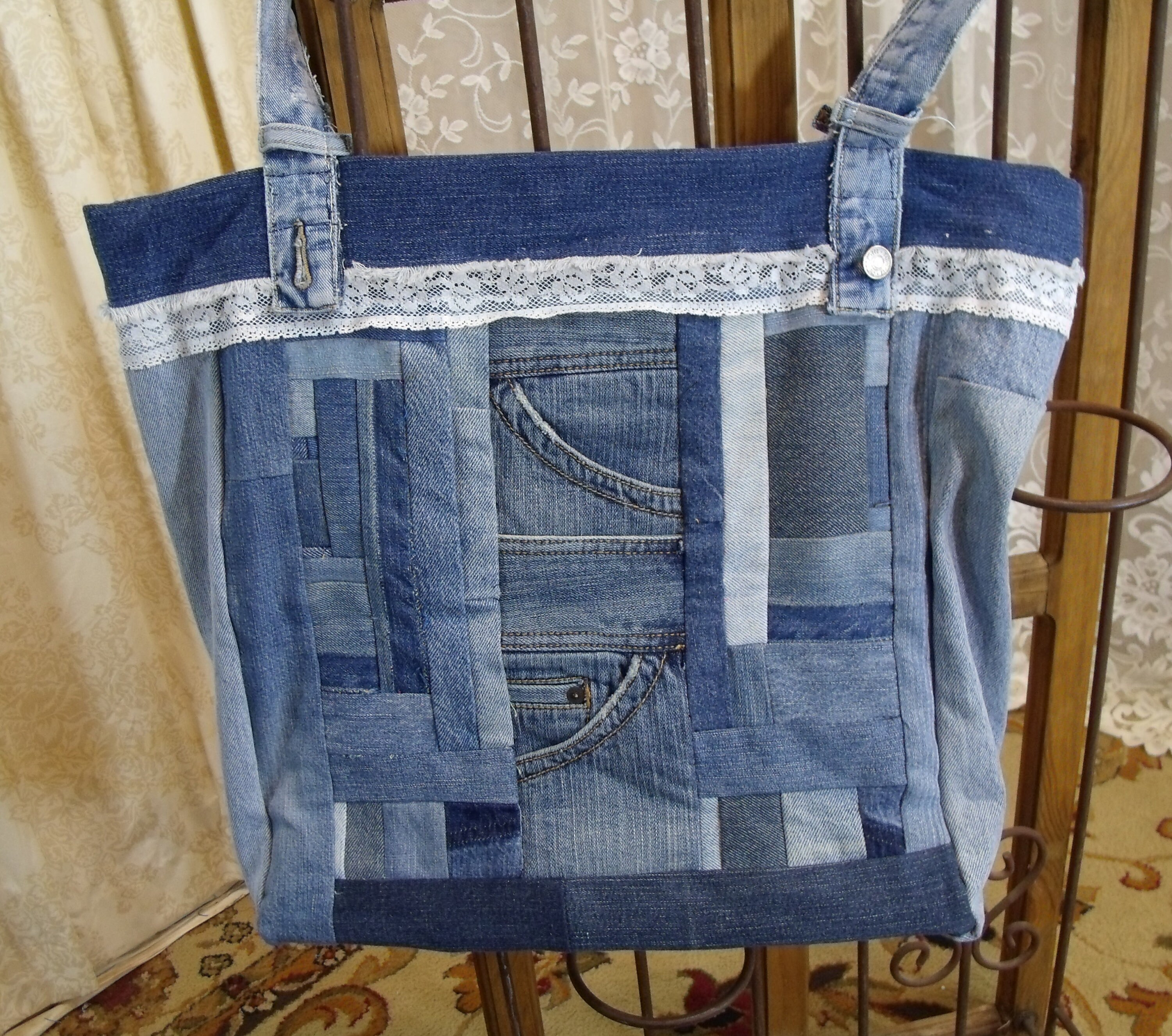 Recycled Jeans Shoulder Bag 16x16x5 Shabby-chic Hobo - Etsy