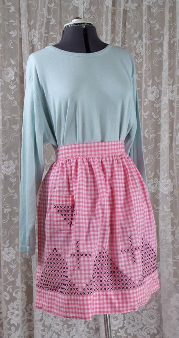 Vintage Gingham Apron with Cross-Stitched Design - image 1