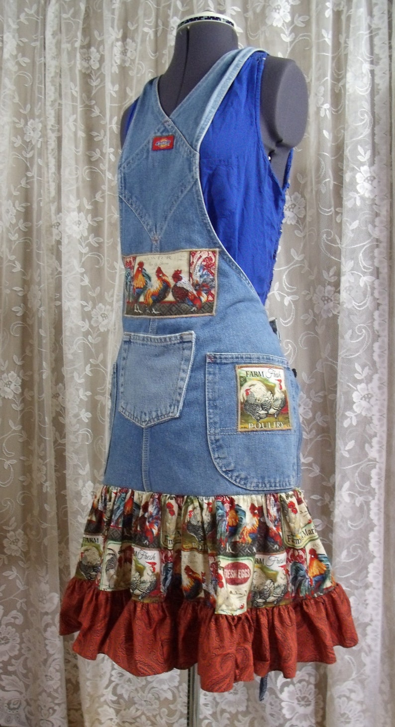 Womens Apron from Upcycled Overalls Chickens One Size Boho Etsy
