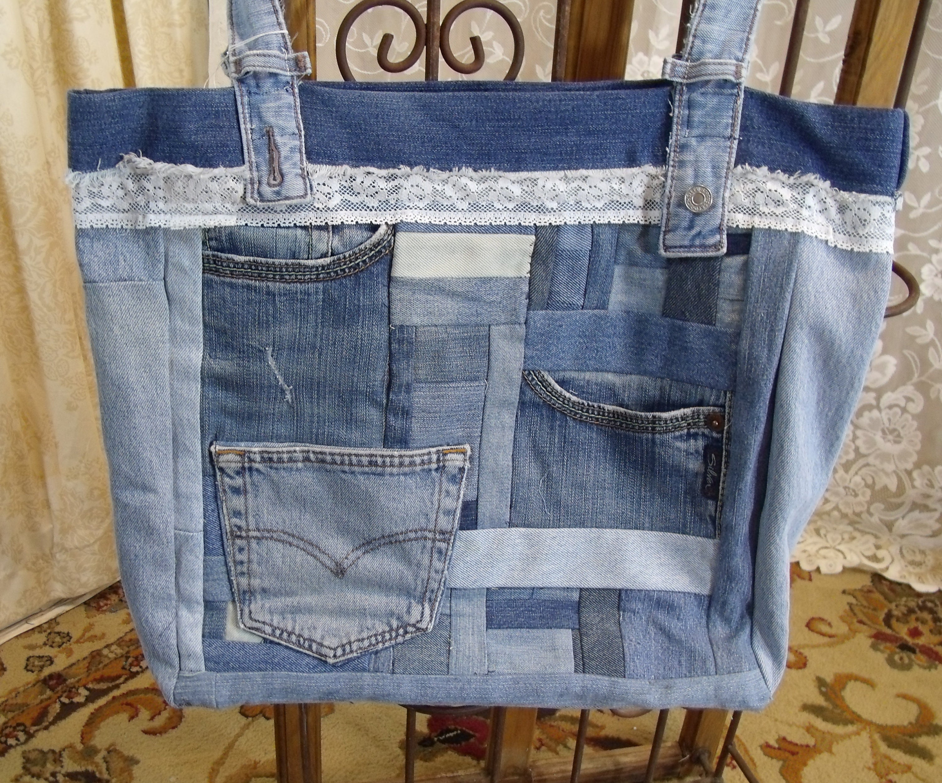 Recycled Jeans Shoulder Bag 16x16x5 Shabby-chic Hobo - Etsy