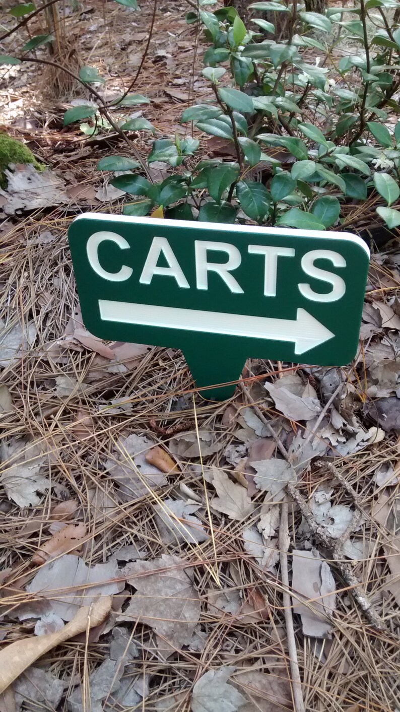 Puede incluir: Un letrero verde con letras blancas y una flecha que apunta hacia la derecha. El letrero dice "CARTS".