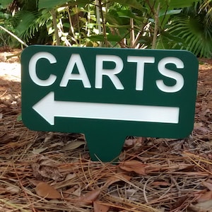 Puede incluir: Un letrero verde con texto blanco y una flecha blanca que apunta hacia la izquierda. El letrero dice "CARTS".