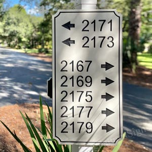 May include: A rectangular, off-white street sign with black text and arrows indicating house numbers. The sign displays numbers 2171, 2173, 2167, 2169, 2175, 2177, and 2179. The sign is mounted on a white post.
