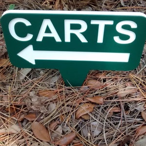 Puede incluir: Un letrero verde y blanco con una flecha blanca apuntando hacia la izquierda y la palabra "CARTS" en letras blancas.